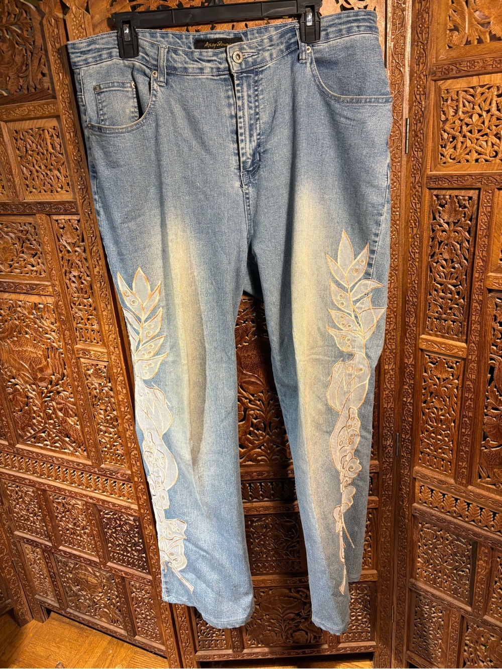 Ashley Stewart Light Blue Straight Leg Jeans with White Floral Applique